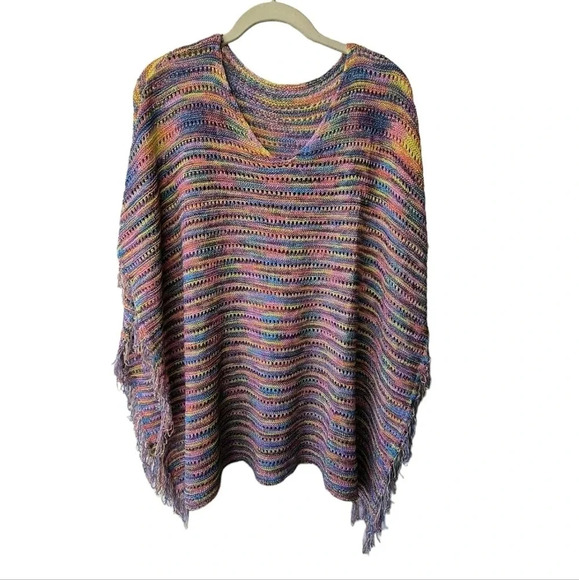 Women's Pullover Crochet and Fringe Colorful Boho Shawl/Cape/Coverup - Picture 1 of 8